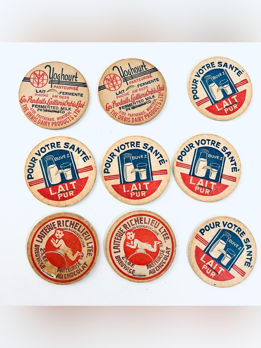 VTG Canadian Milk Bottle Caps Lot 9 Cardboard Dairy Caps Orbis Richelieu Quebec
